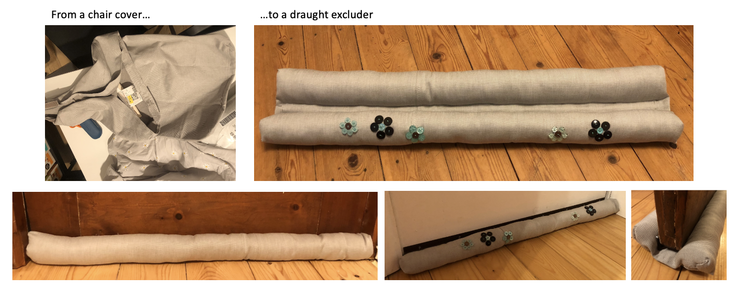 From a chair cover to a draught excluder. Five images showing the initial grey fabric cushion cover, a double roll excluder, with button decorations and the draught excluder from different perspectives when fitted on a wooden door.