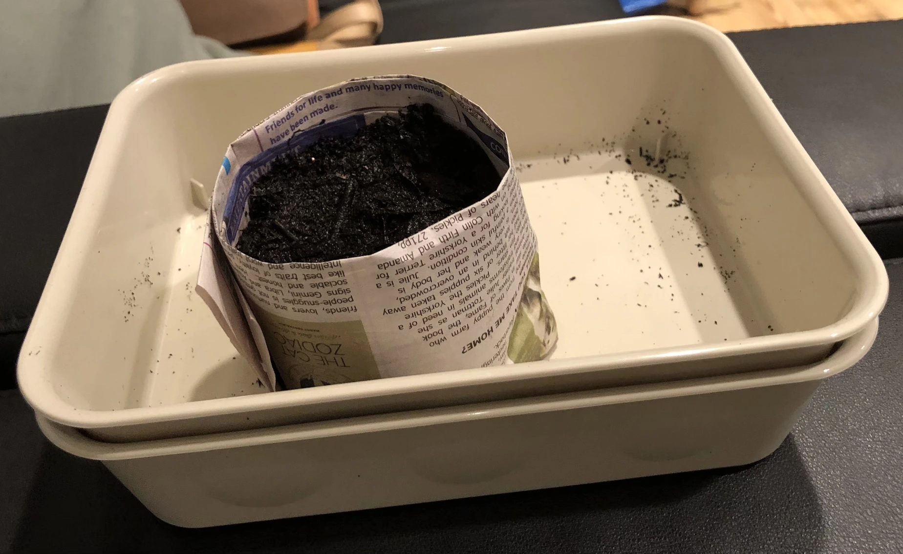 newspaper pot filled with compost