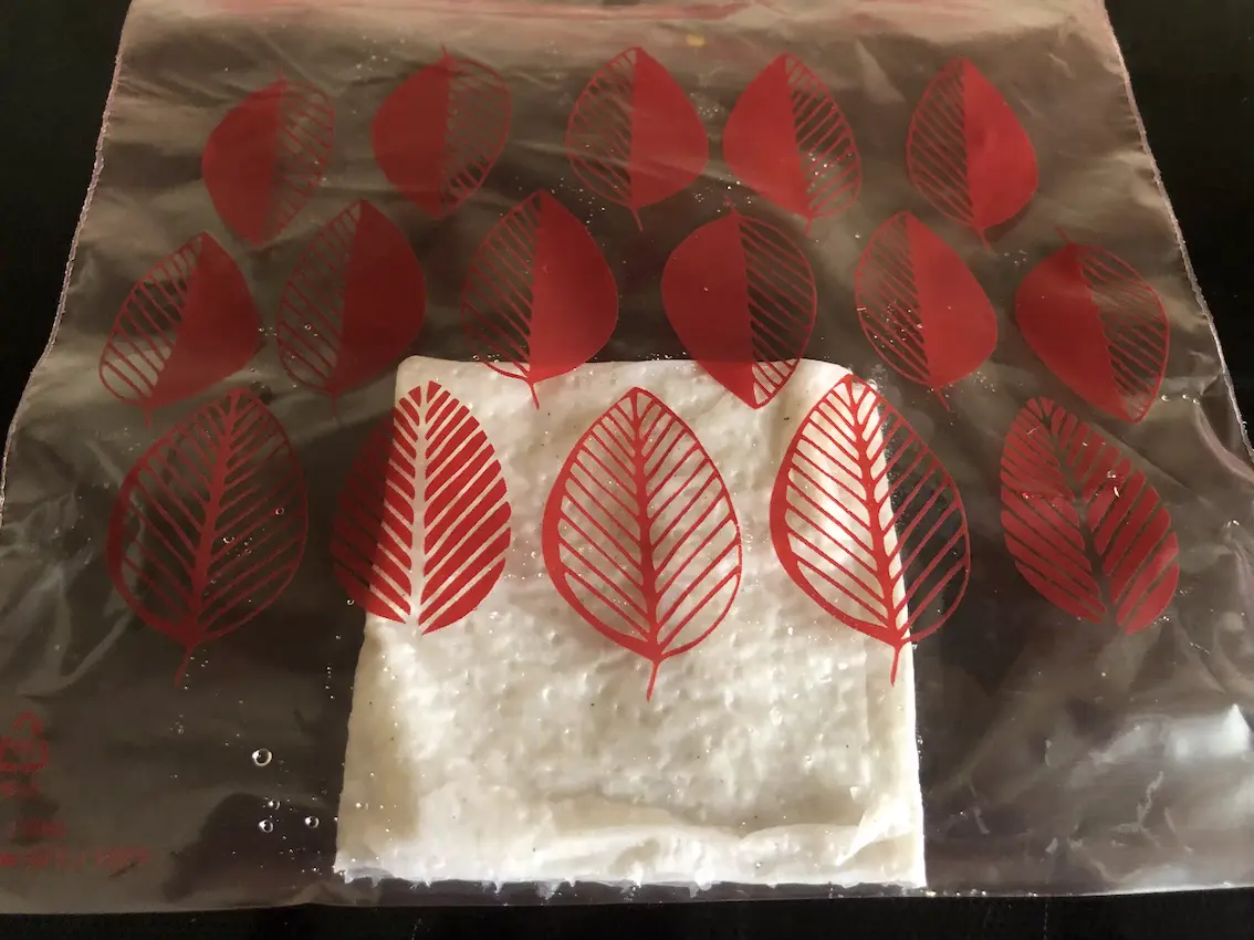 square folded piece of wet, white kitchen roll in a small plastic ziplock bag with red leaf pattern