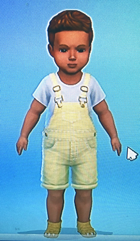 Screenshot of a small boy figure from The Sims, wearing short yellow dungarees and a white t-shirt