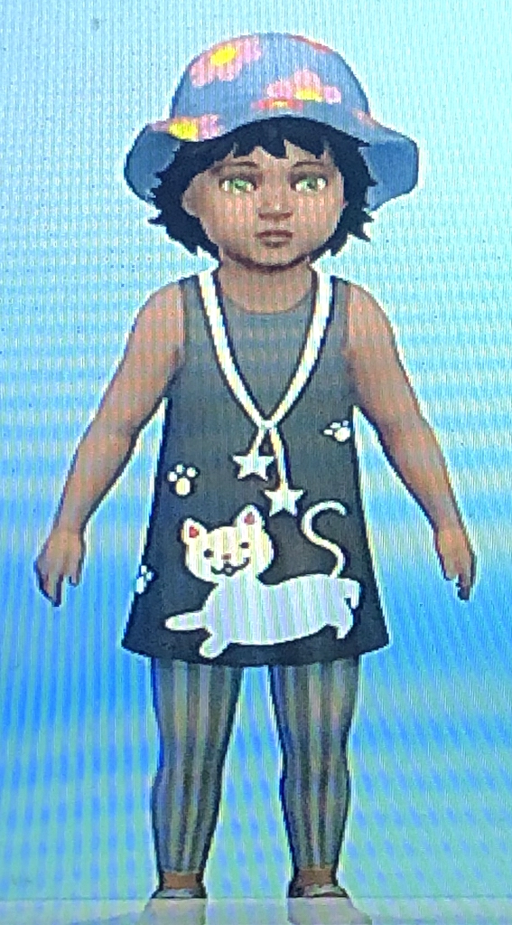 Screenshot of a small girl figure from The Sims, wearing a bucket hat, smock and leggings