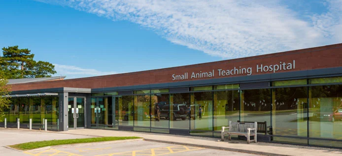 Single story, glass fronted brick building with the words Small Animal Teaching Hospital across the top