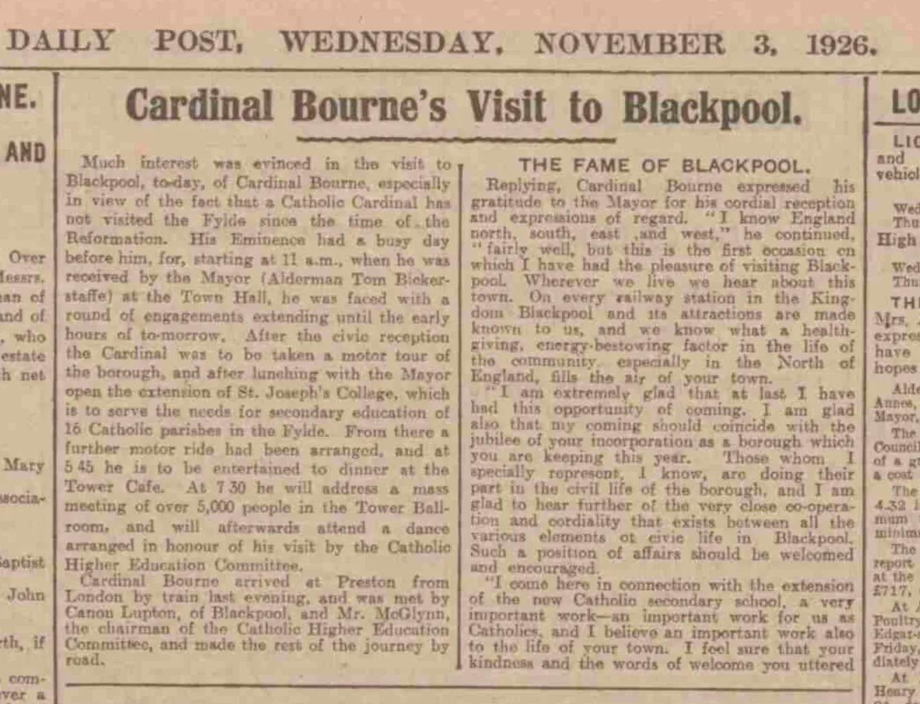 1926 newspaper cutting about Cardinal Bourne's visit to Blackpool