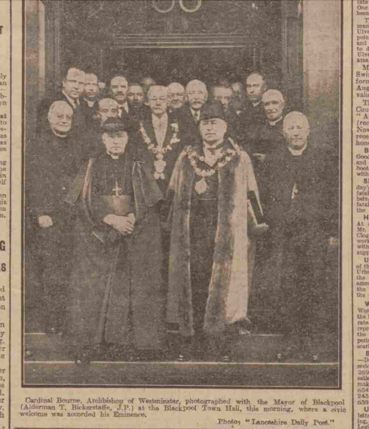 1926 newspaper cutting about Cardinal Bourne's visit to Blackpool