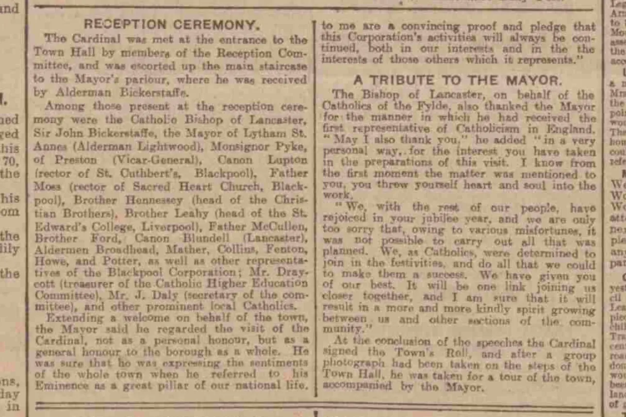 1926 newspaper cutting about Cardinal Bourne's visit to Blackpool