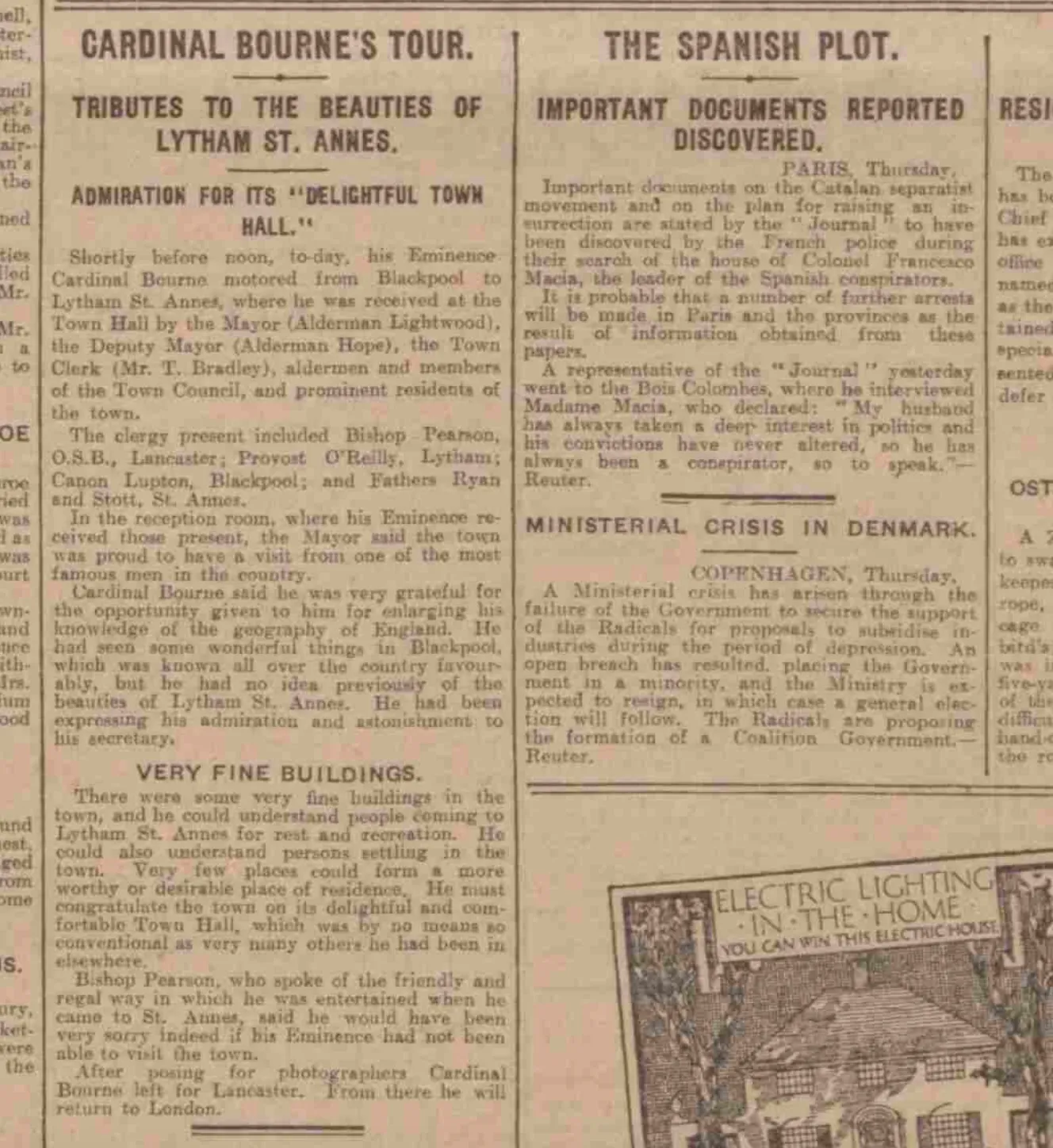 1926 newspaper cutting about Cardinal Bourne's visit to the Fylde