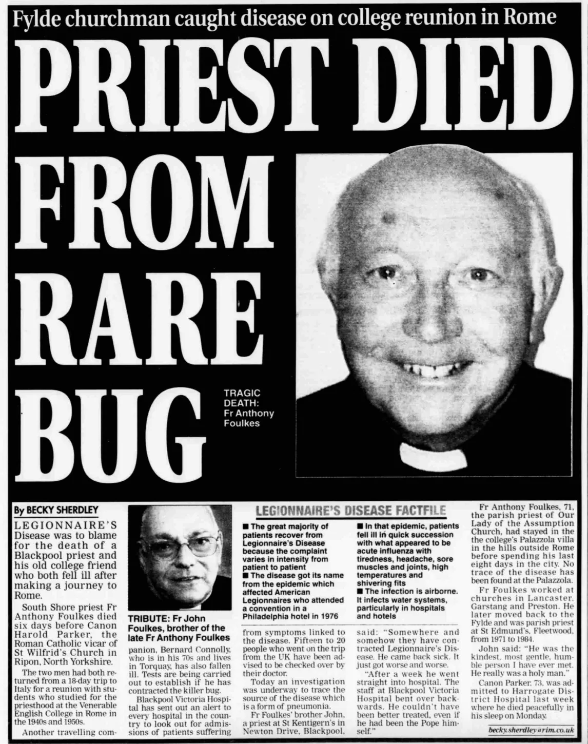2000 newspaper cutting about the death of the parish priest of Our Lady of the Assumption church