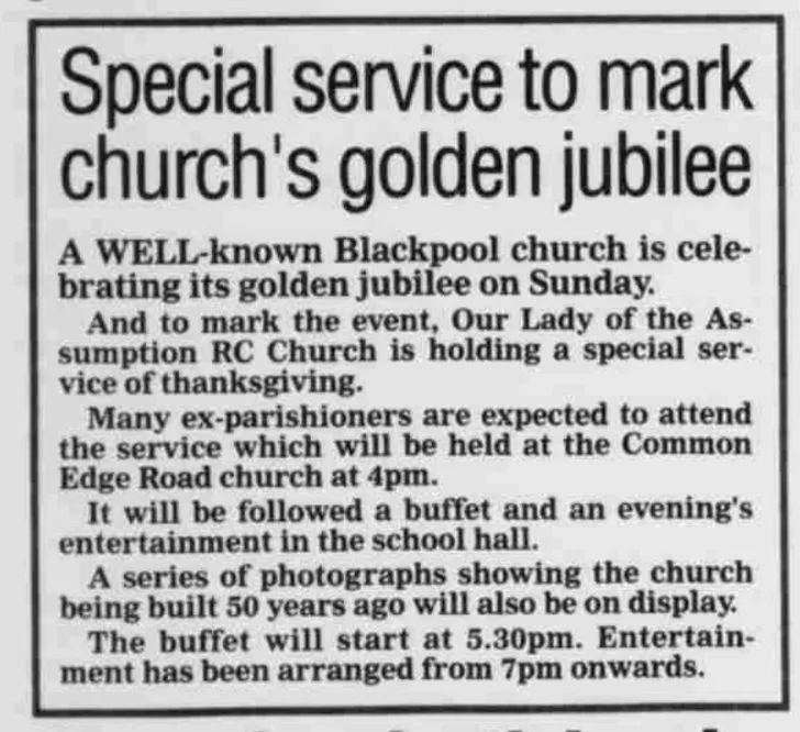 1997 newspaper cutting about a Golden Jubilee service at Our Lady of the Assumption church