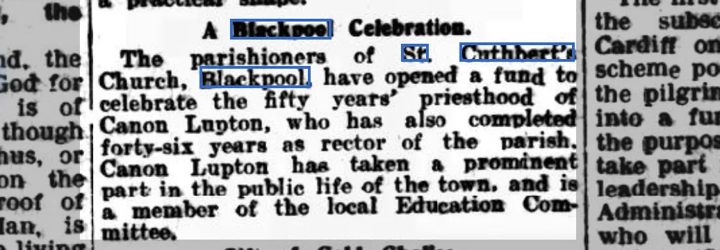 1926 newspaper cutting about a collection for Canon Lupton