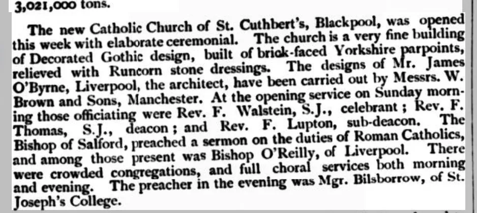 1890 newspaper cutting about the opening of St Cuthbert's Church
