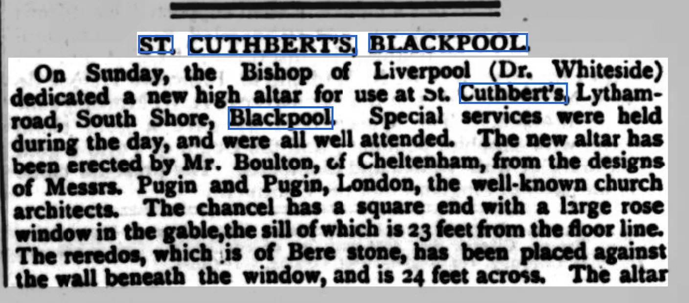 1895 newspaper cutting about the blessing of a new high altar at St Cuthbert's Church