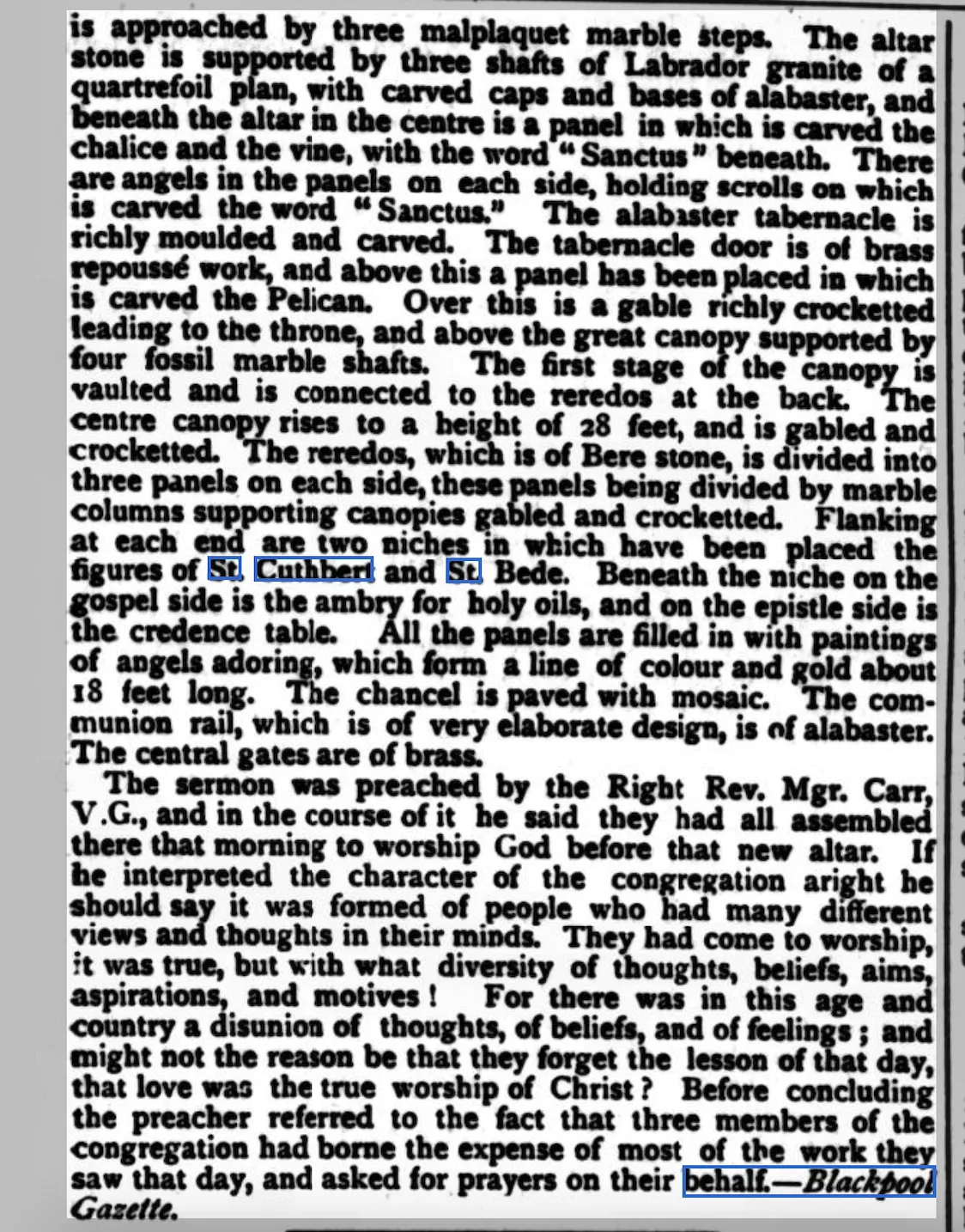 1895 newspaper cutting about the blessing of a new high altar at St Cuthbert's Church
