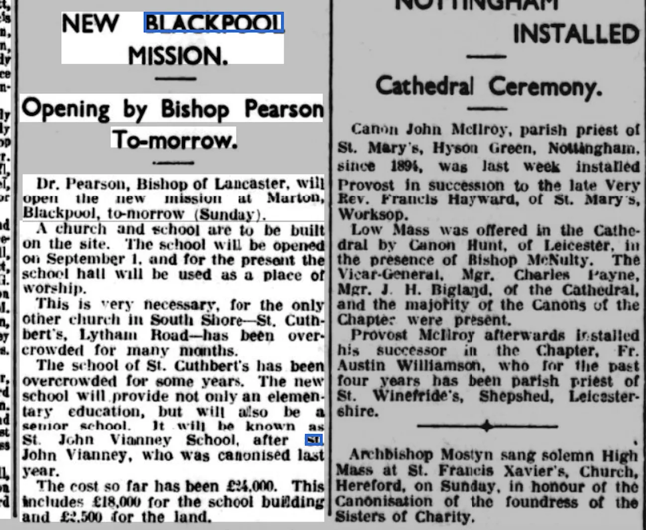 1934 newspaper cutting about the opening of St John Vianney's Church