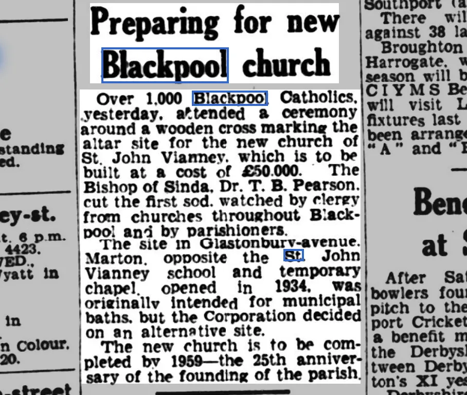 1957 newspaper cutting about a ground-breaking ceremony at St John Vianney's Church