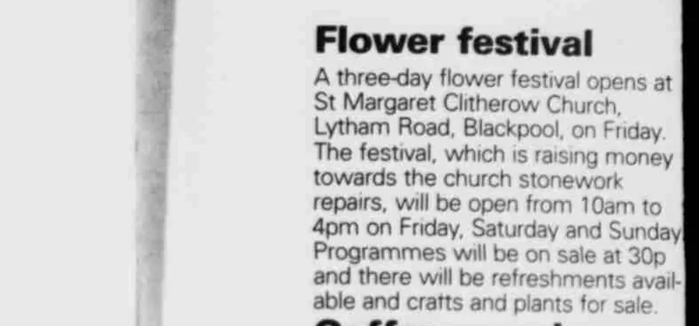 1996 newspaper cutting about a planned flower festival at St Margaret Clitherow Church