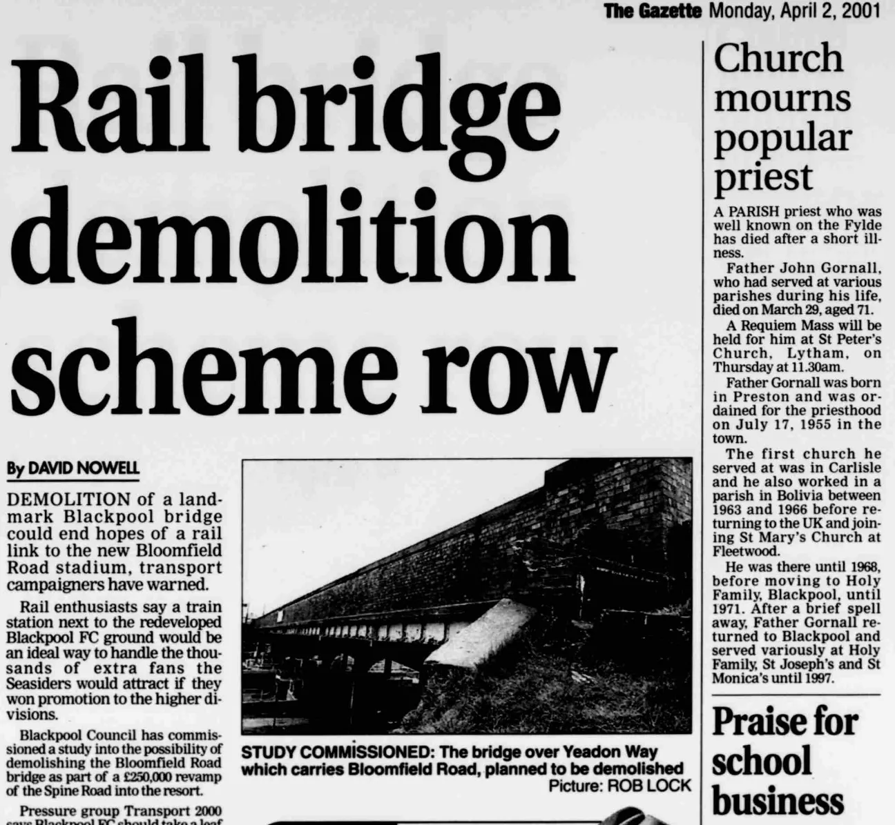 2001 newspaper cutting about the death of Fr Gornall formerly Parish priest of St Monica's Church
