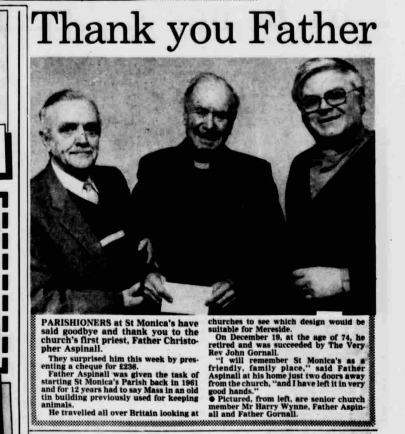 1988 newspaper cutting about a change of priests at St Monica's Church