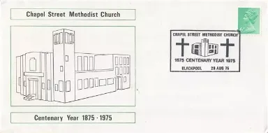 Unaddressed, long white envelope, with green 6p stamp, printed with the image of a church and stamped with the church name and dates 1875 and 1975