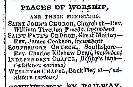 1848 cutting from Slater's Directory about places of worship in Blackpool