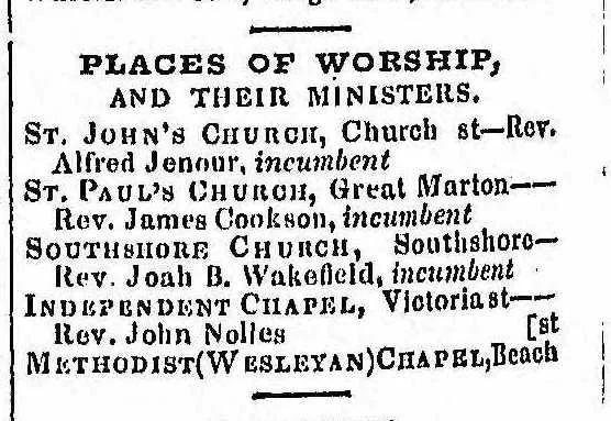 1855 cutting from Slater's Directory about places of worship in Blackpool