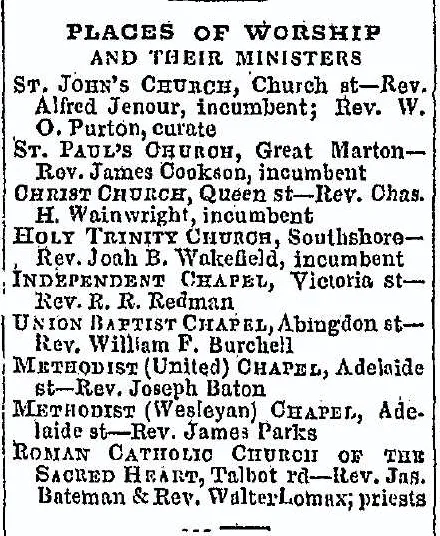 1869 cutting from Slater's Directory about places of worship in Blackpool