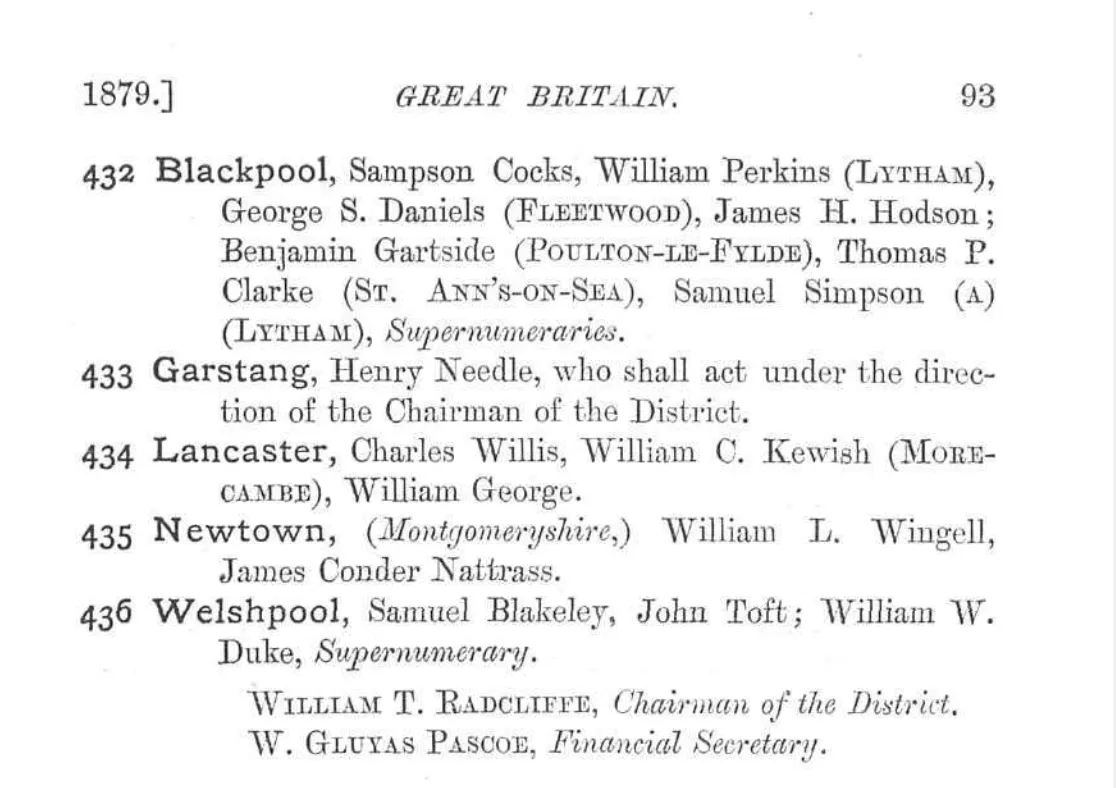 1879 cutting from Conference Minutes detailing the Ministers associated with the Blackpool part of the Liverpool District