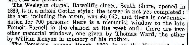 1895 cutting from Kellys's Directory about Rawcliffe Street Wesleyan Chapel in Blackpool