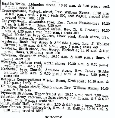 1895 cutting from Kelly's Directory about places of worship in Blackpool