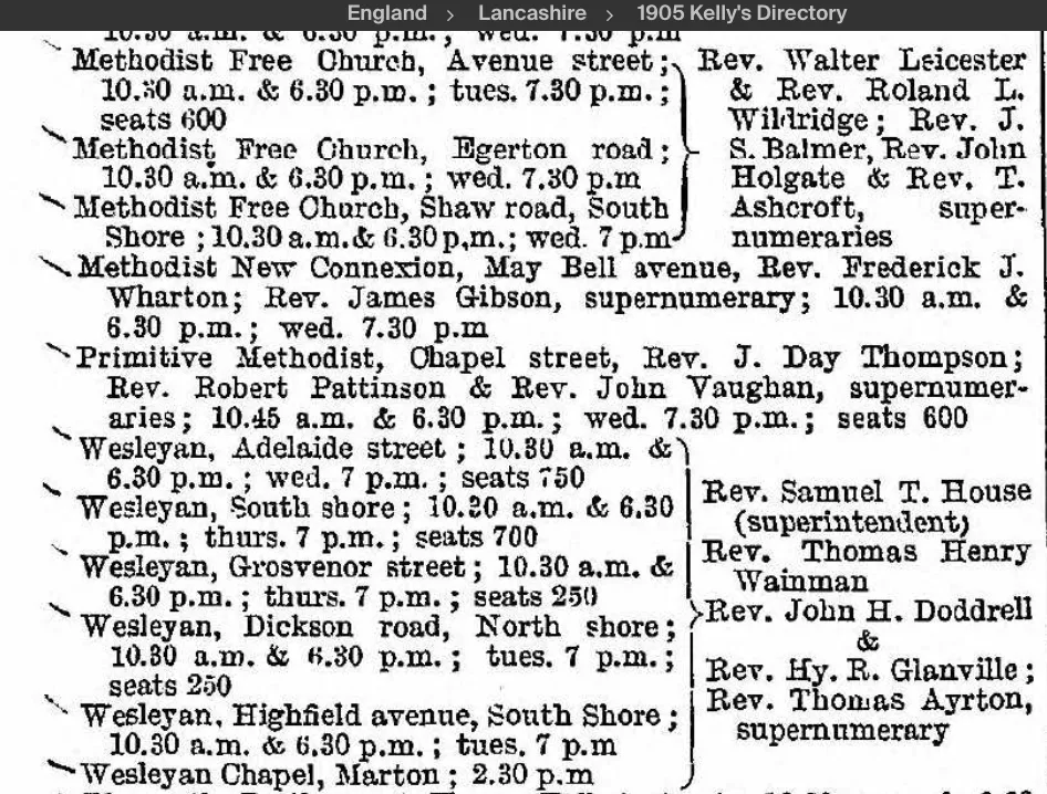 1905 cutting from Kelly's Directory about places of worship in Blackpool