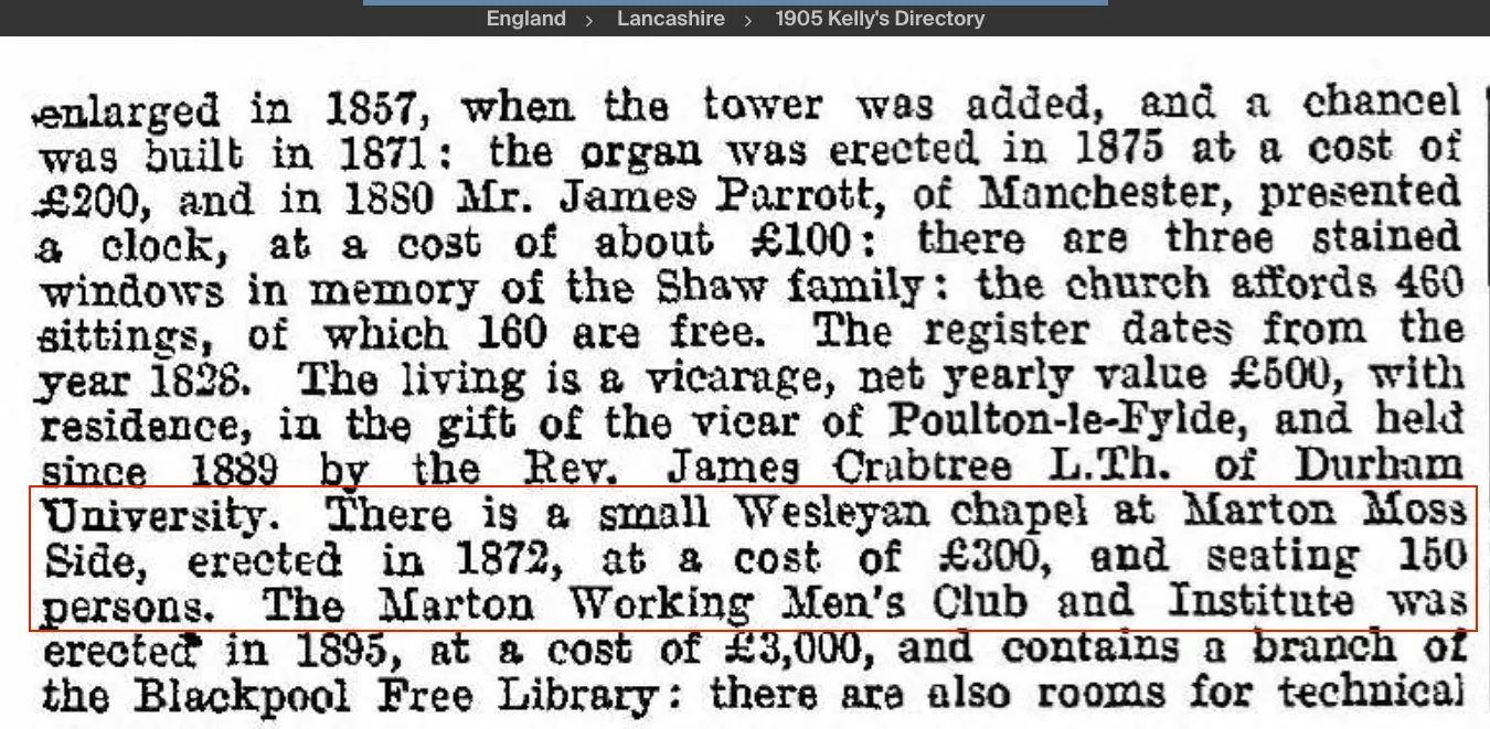 1905 cutting from Kellys's Directory about Rawcliffe Street Wesleyan Chapel in Blackpool