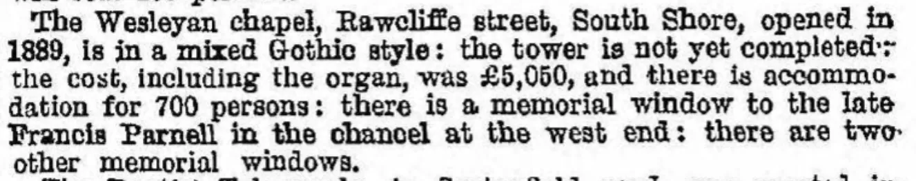 1905 cutting from Kellys's Directory about Rawcliffe Street Wesleyan Chapel in Blackpool