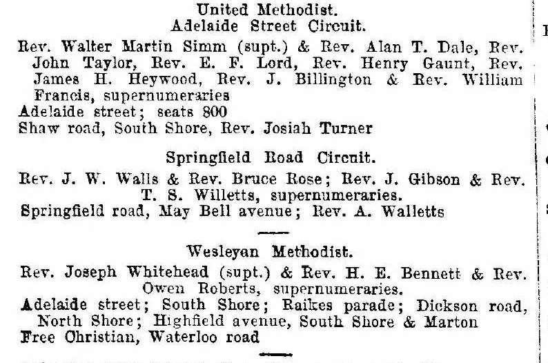 1924 cutting from Kellys's Directory about Methodist churches in Blackpool