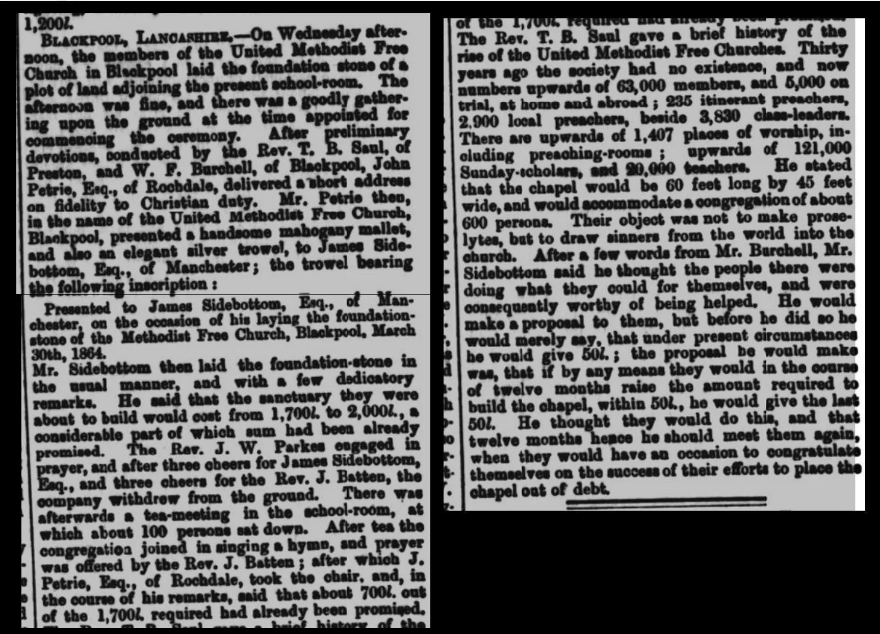 1864 newspaper cutting about the laying of a foundation stone for the United Methodist Free Church in Blackpool.