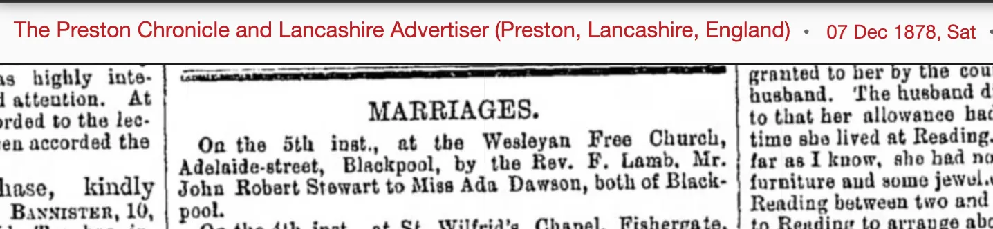 1878 newspaper cutting about Wesleyan marriages