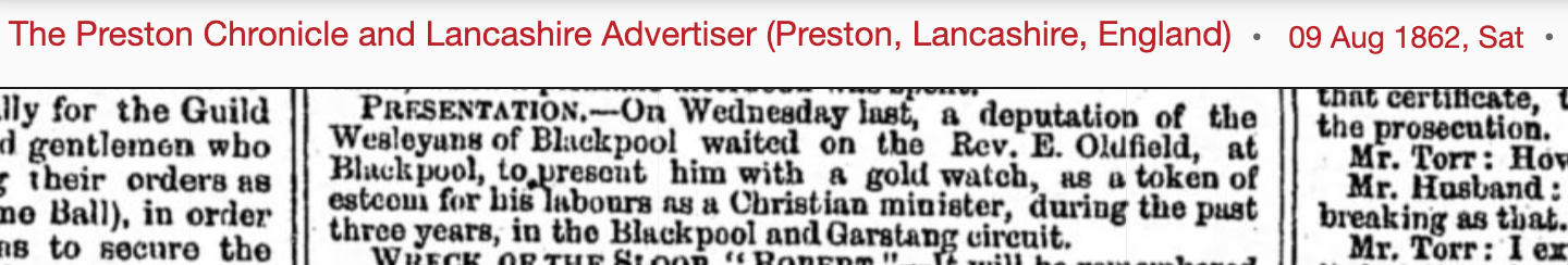 Newspaper article dated 9th August 1862 about a presentation to Reverend E Oldfield