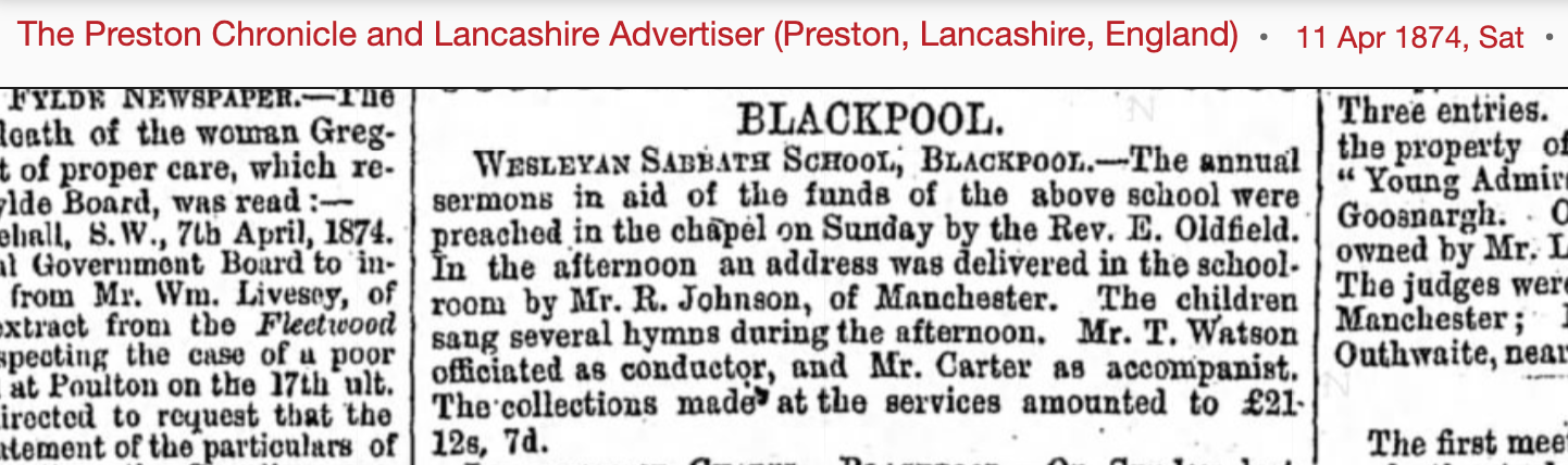 Newspaper article dated 11th April 1874 about annual Sunday school sermons