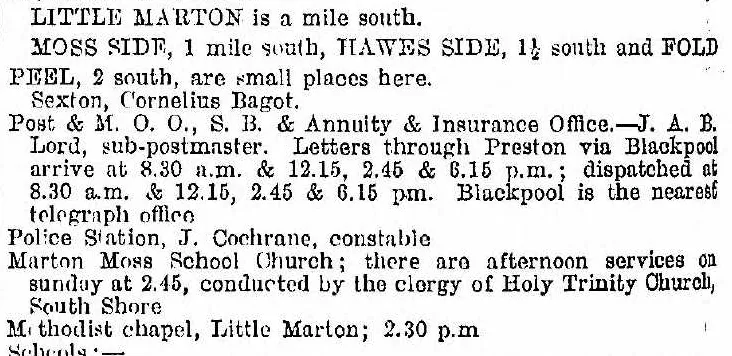 1895 cutting from Kellys's Directory about Marton Methodist Chapel in Blackpool