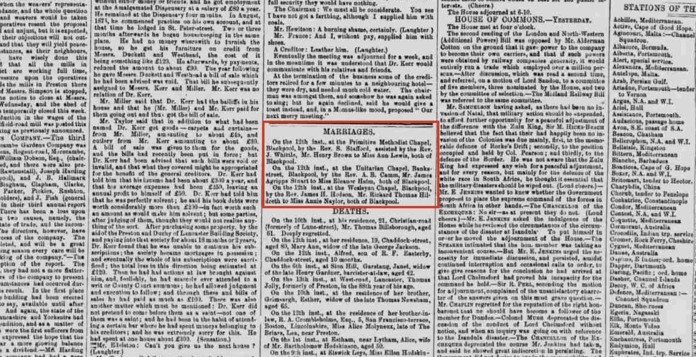 1879 newspaper cutting about Wesleyan marriages