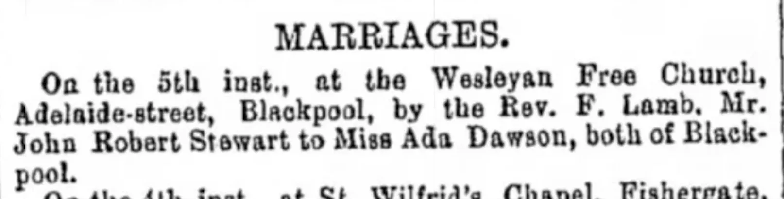 1878 newspaper cutting about Wesleyan marriages