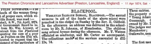 Newspaper article dated 11th April 1874 about annual Sunday school sermons