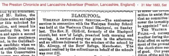 1883 newspaper cutting about anniversary services in the Wesleyan Chapel, Blackpool