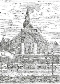 Line drawing of a traditional brick built church with a spire