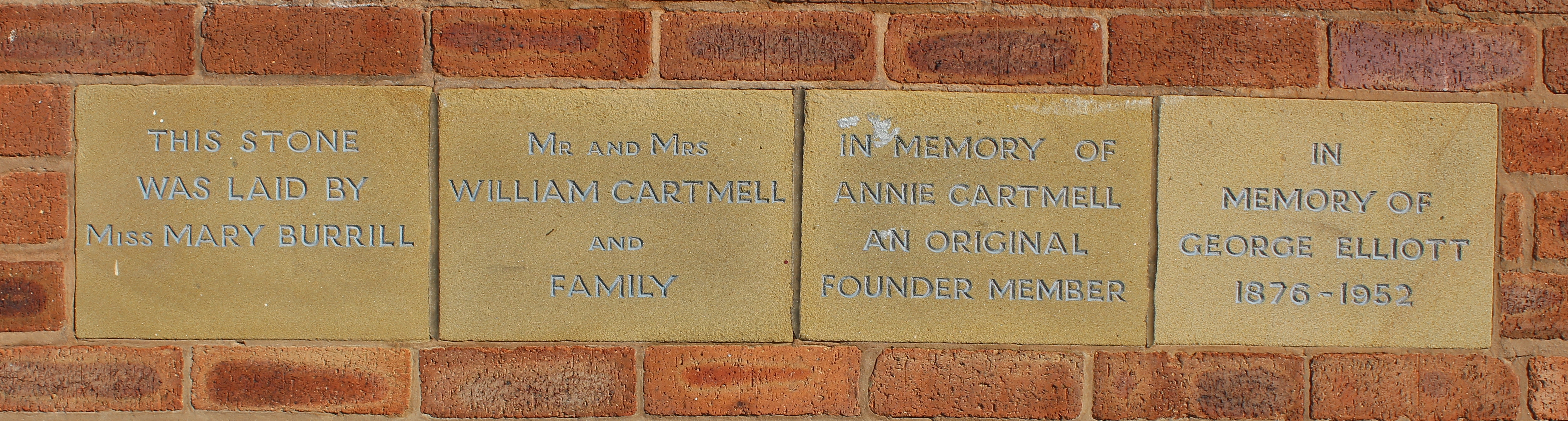 Four memorial stones set in brickwork of Highfield Methodist Church Hall