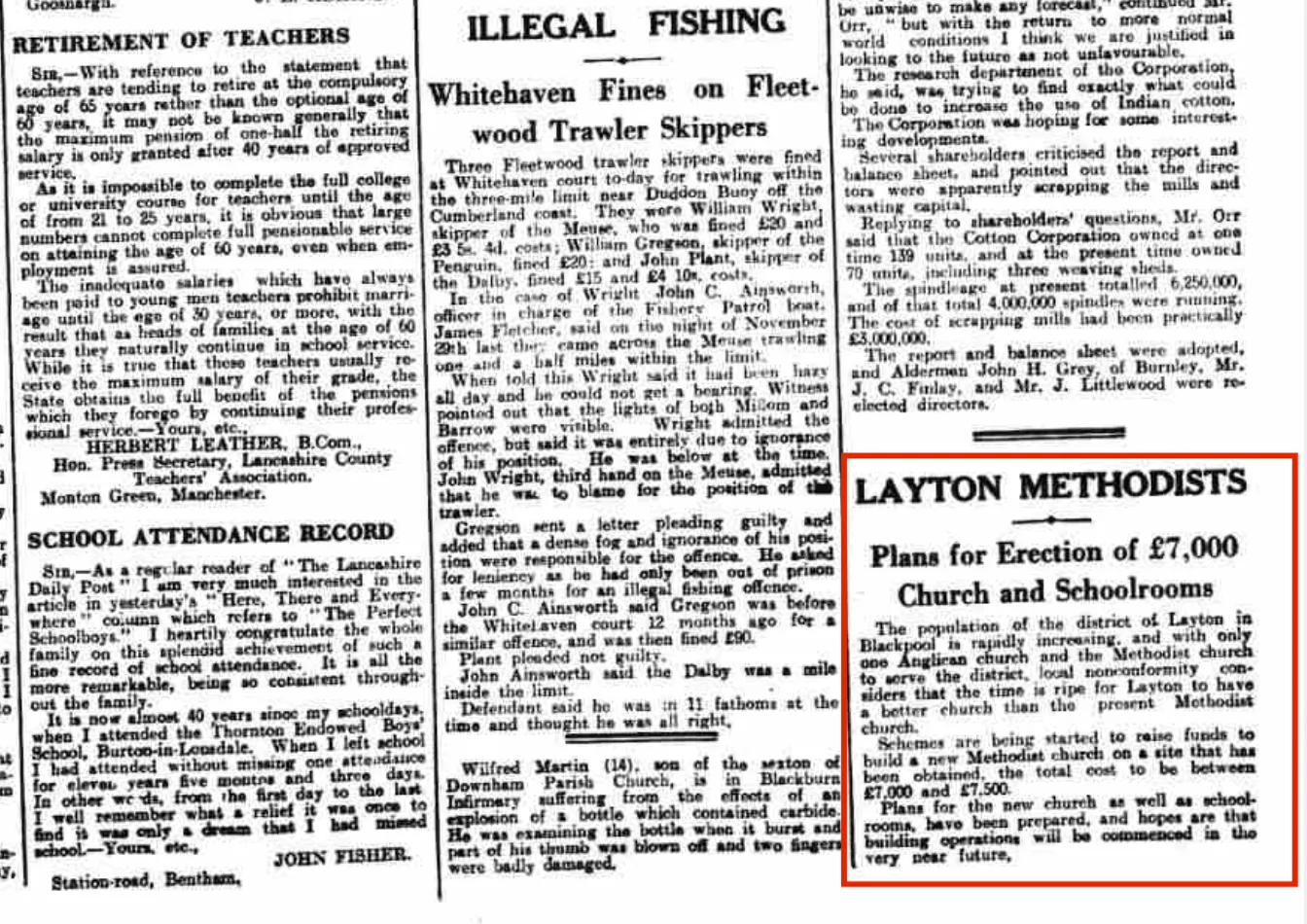 1934 newspaper cutting about plans for a new Layton Methodist Church