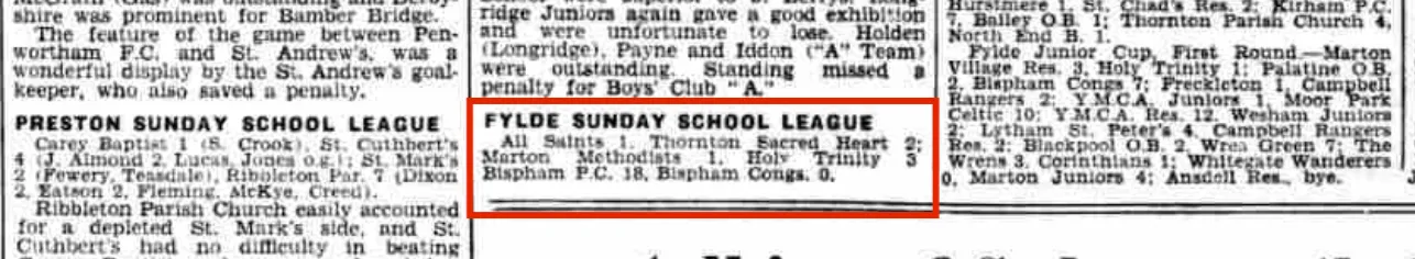 1937 newspaper cutting about Fylde Sunday School League football results