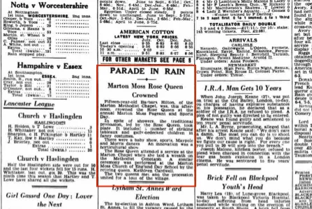 1939 newspaper cutting about the crowning of the Rose Queen at Marton Methodist Church