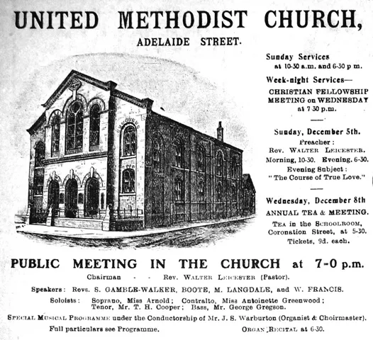1909 advertisement for events at Adelaide Street Methodist Church