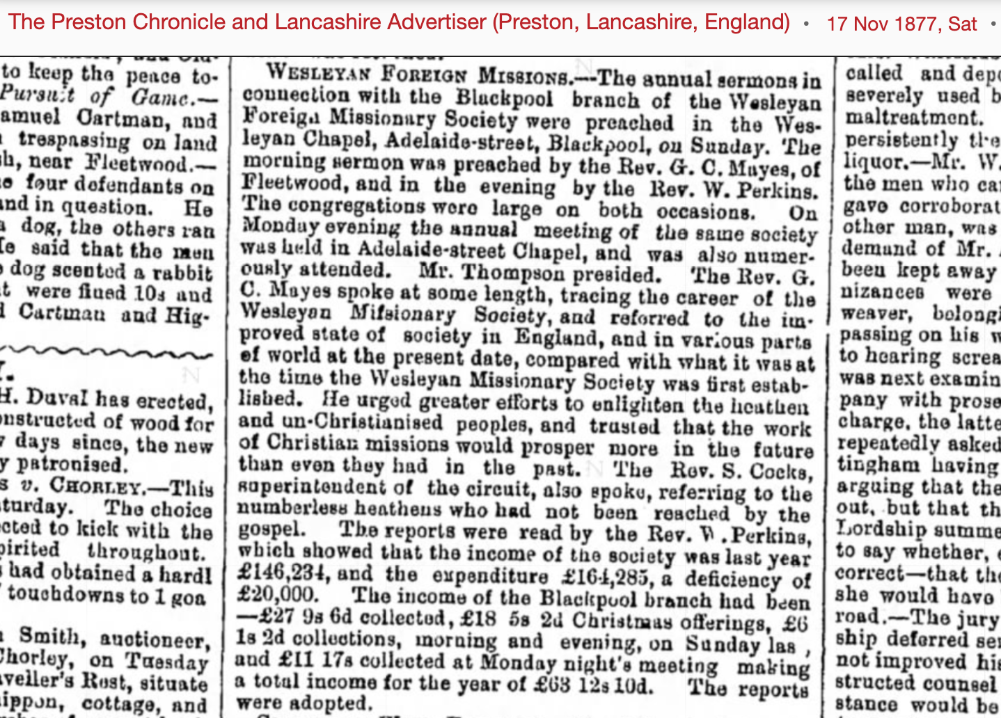 Newspaper article dated 17 November 1877 about the Wesleyan Foreign Missionary Society at Adelaide Street Methodist Church