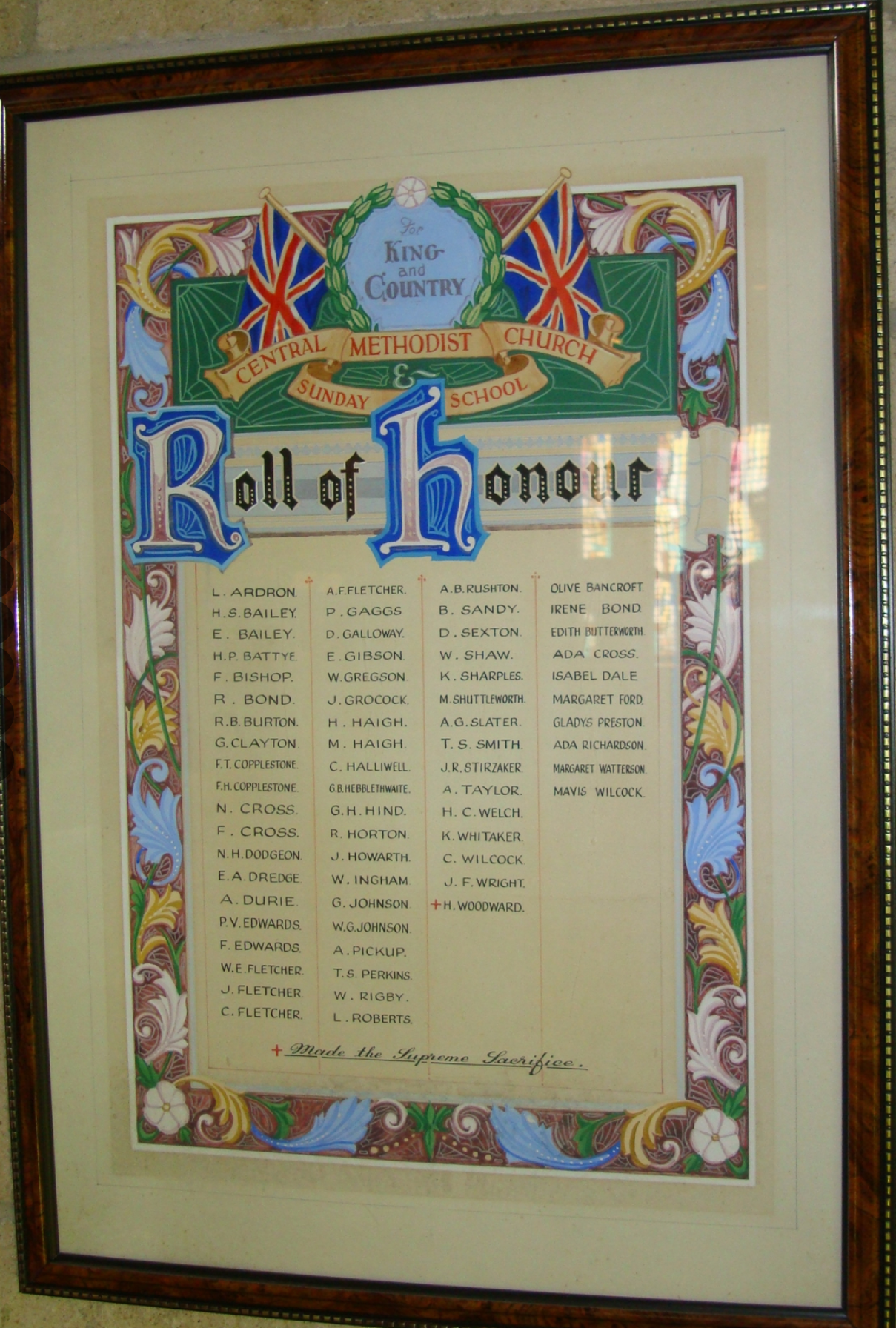 Framed Second World War roll of honour for Central Methodist Church and Sunday School