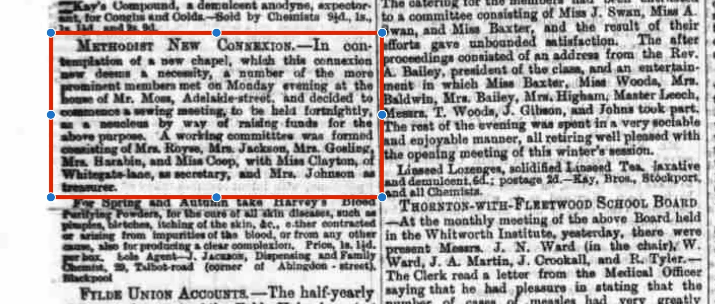 1886 newspaper cutting about a new Methodist chapel for Blackpool